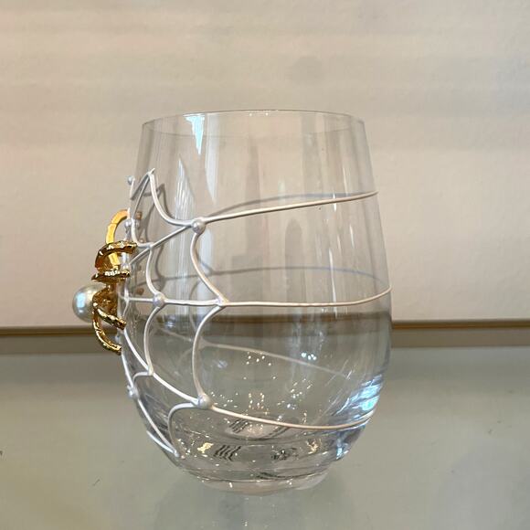 Gorgeous Halloween Jeweled Spider on Web w/ Pearl Stemless Wine Glass Set of 2 - Picture 4 of 15